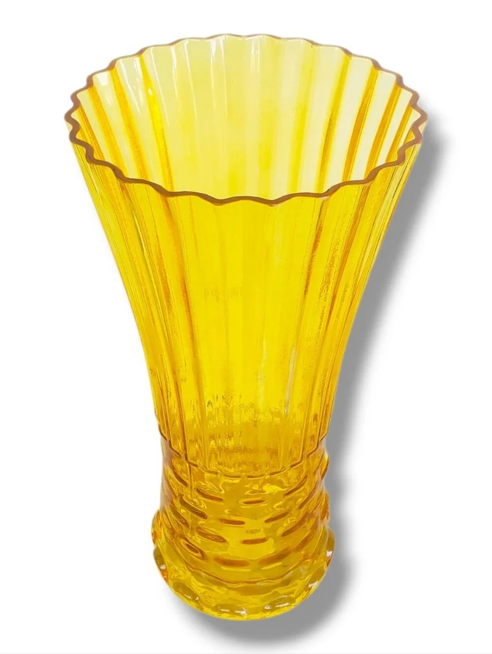 Vintage Amber Glass Fluted Vase Scalloped Rim Mid-Century Style 12” Tall Texture